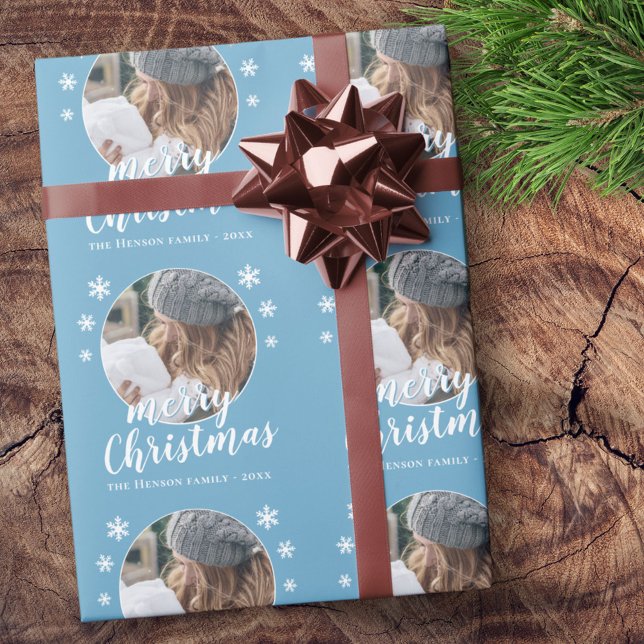 Papel De Presente Foto da Família Azul Floco de Neve Feliz Natal (Criador carregado)