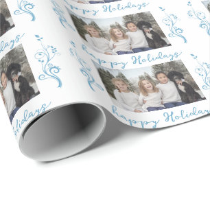 Papel De Presente Foto da Família Folhagem Azul Natal Feliz Festa