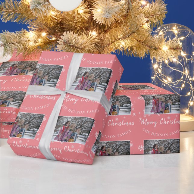 Papel De Presente Foto da Família Pink Merry Christmas Script  (Feriados)