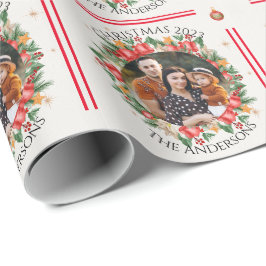 Papel De Presente Foto da família Red Florals Feliz Natal