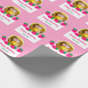 Papel De Presente Foto De Aniversário Da Garota De Morango Rosa E Ge
