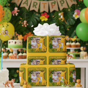 Papel De Presente Foto de Aniversário da Girafa Bonita Personalizáve