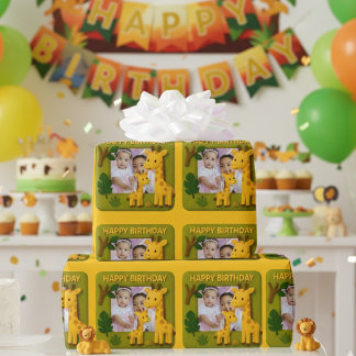 Papel De Presente Foto de Aniversário da Girafa Bonita Personalizáve