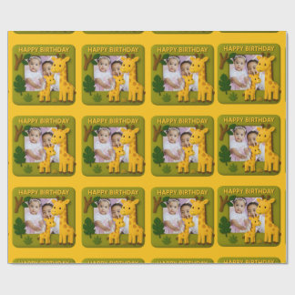 Papel De Presente Foto de Aniversário da Girafa Bonita Personalizáve