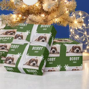 Papel De Presente Foto de Cachorro Flocos de Neve Verde Nome do Pet 