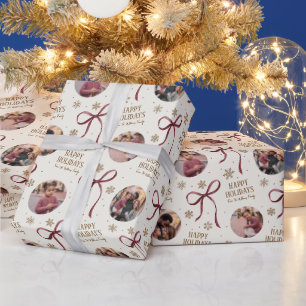 Papel De Presente Foto de Família com Laço Burgundy no Natal