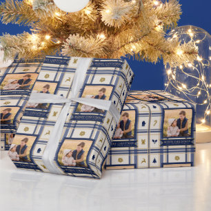 Papel De Presente Foto de Família Feliz Natal em Xadrez Azul Marinho
