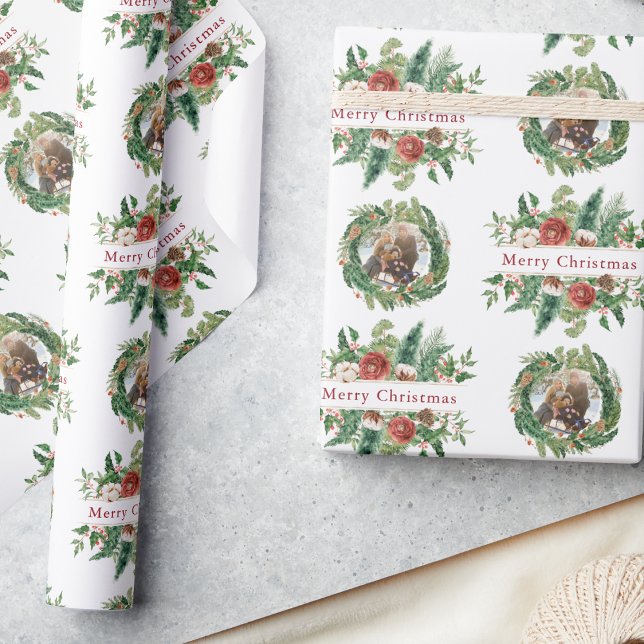 Papel De Presente Foto de Férias de Natal (Vintage Floral Christmas Photo Holiday Wrapping Paper by Painted Paperie
)