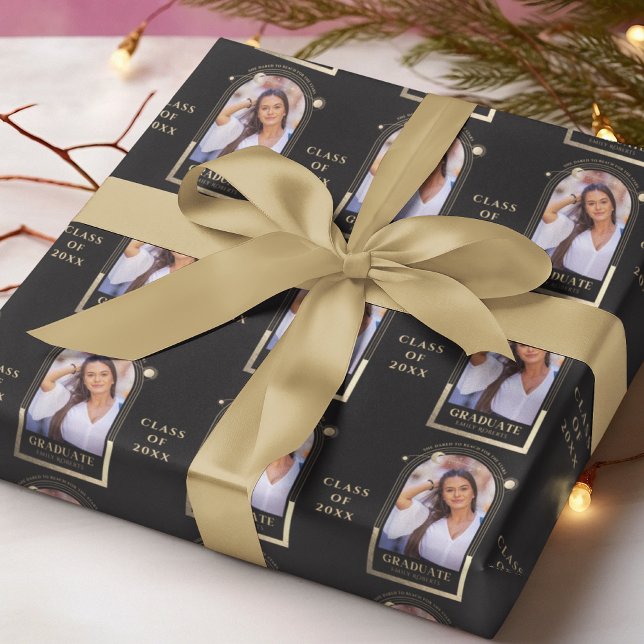 Papel De Presente Foto de Graduação Celestial em Dourado e Preto (Criador carregado)