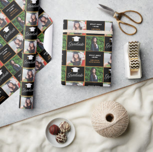 Papel De Presente Foto de Graduado Chic Personalizada Preto Dourado 