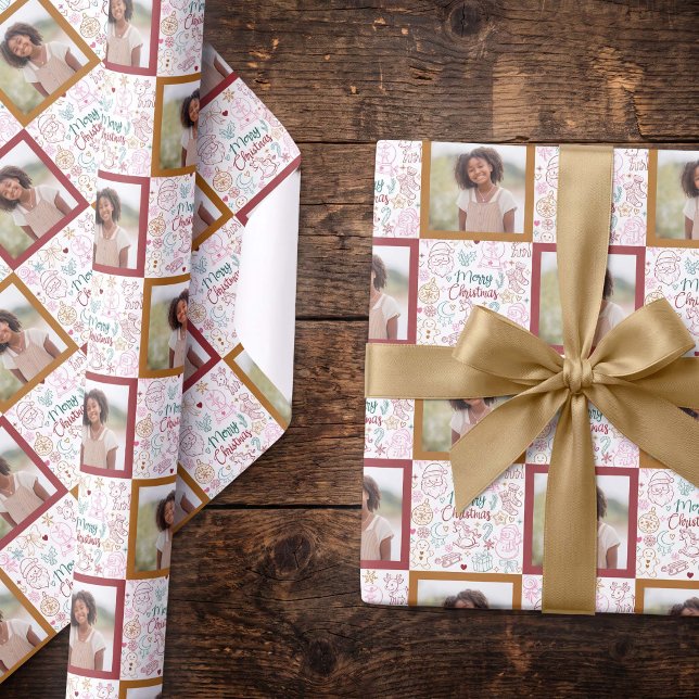 Papel De Presente Foto de Natal com Desenhos à Mão Caprichosos (Cute doodles kids photo merry christmas gift wrap by Darling & May)