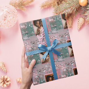 Papel De Presente Foto de Natal de Inverno Rosa da Família