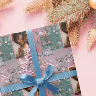 Papel De Presente Foto de Natal de Inverno Rosa da Família