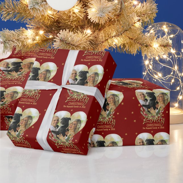 Papel De Presente Foto de Natal, Dourada estrela brilhante vermelha (Feriados)