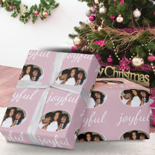 Papel De Presente Foto de Natal em Rosa Pastel Alegre com Letra