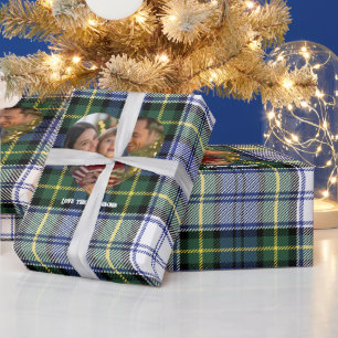 Papel De Presente Foto de Natal em Xadrez Azul e Verde Clássico