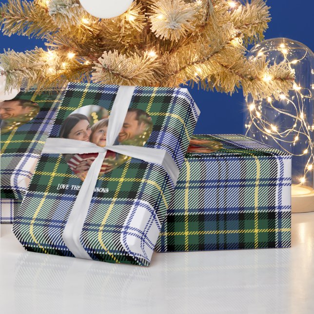 Papel De Presente Foto de Natal em Xadrez Azul e Verde Clássico (Feriados)