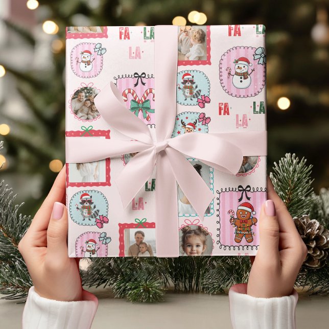 Papel De Presente Foto de Natal personalizada Férias rosa Fa La La (Criador carregado)