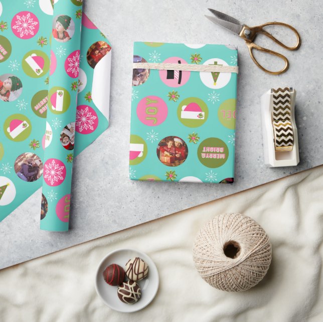 Papel De Presente Foto de Natal Verde Rosa