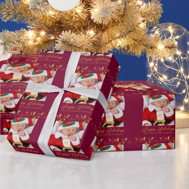 Papel De Presente Foto de ouro de Natal e bagas vermelhas (Feriados)