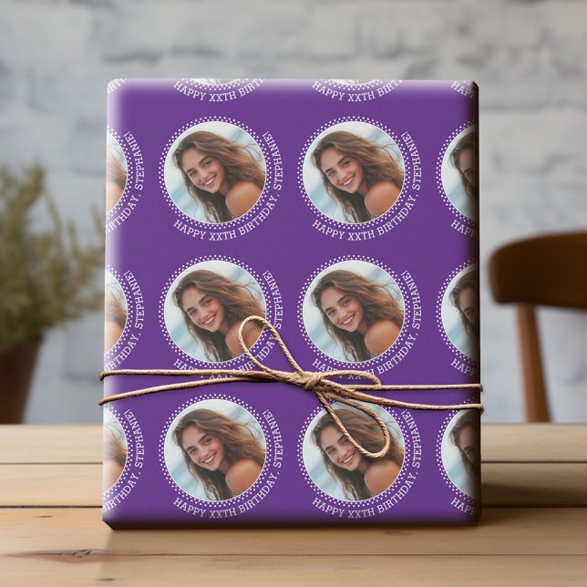 Papel De Presente Foto do Círculo 1 com Saudação de Aniversário - Ro (Custom Birthday Wrapping Paper with Photo)