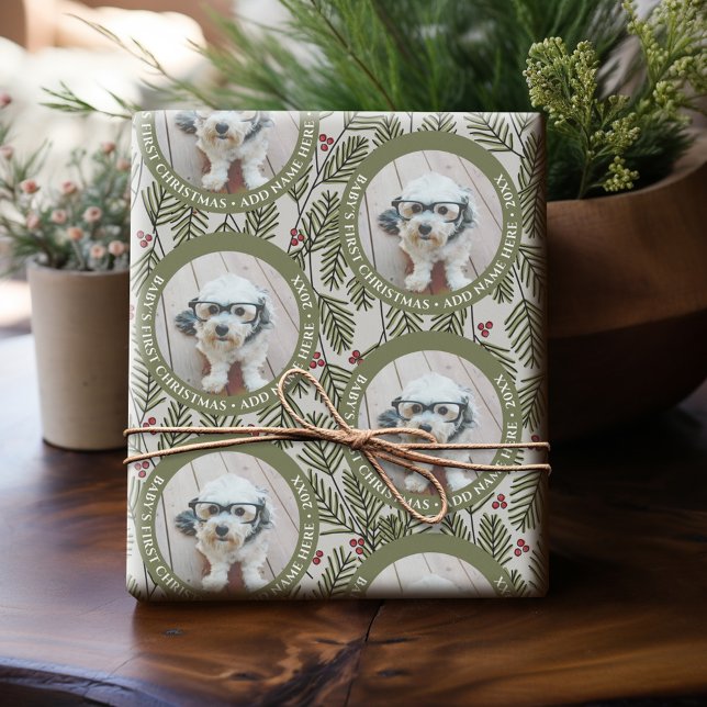 Papel De Presente Foto do Primeiro Natal do Bebê - Ramos Caprichosos (Personalized Photo Wrapping Paper)