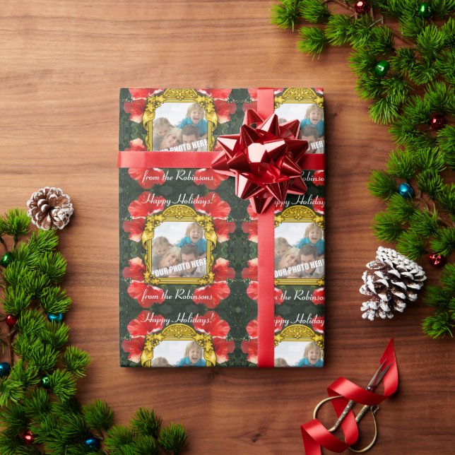 Papel De Presente Foto Dourada personalizada no Red Hibiscus (Presente de Natal)