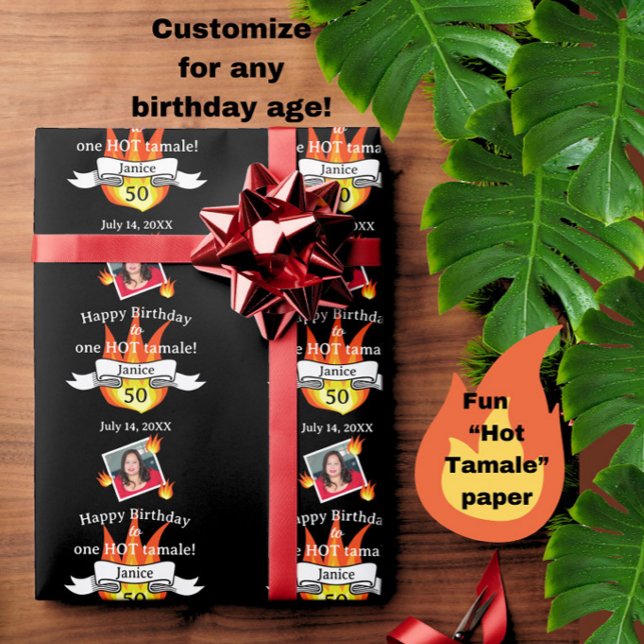 Papel De Presente Foto engraçada de 50º aniversário "Tamale quente" (Fun 50th birthday "Hot Tamale" personalized photo wrapping paper. May be customized for any age.)