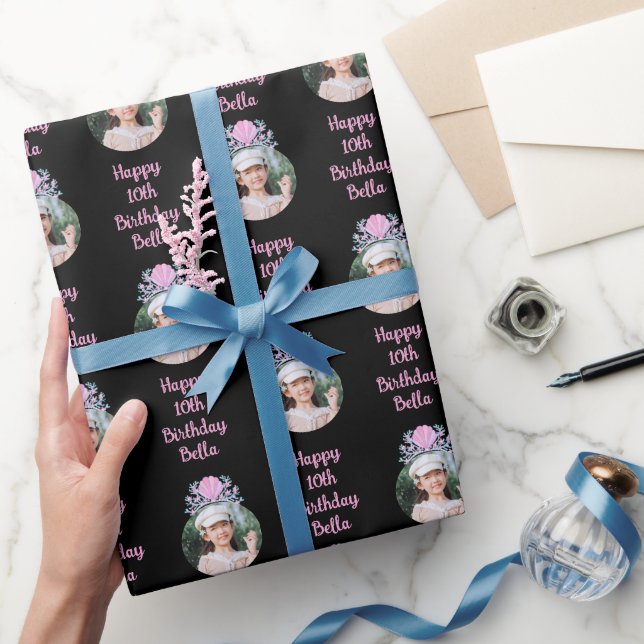 Papel De Presente Foto personalizada Aquarela Mermaid Crown Aniversá (Presentear)