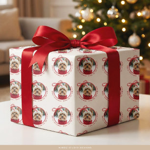 Papel De Presente Foto Personalizada da Família com Pet Natal Feliz