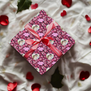 Papel De Presente Foto Personalizada de Corações Rosa e Ruby