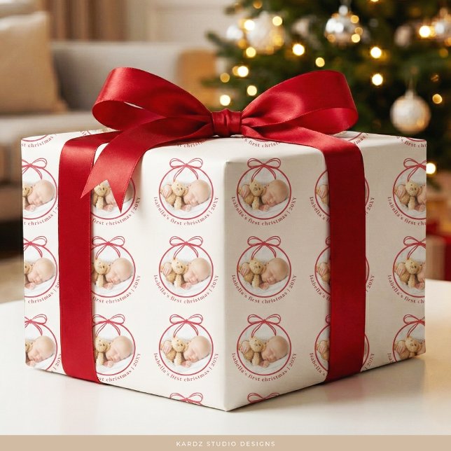 Papel De Presente Foto personalizada do nome do bebê Primeiro Natal (Criador carregado)