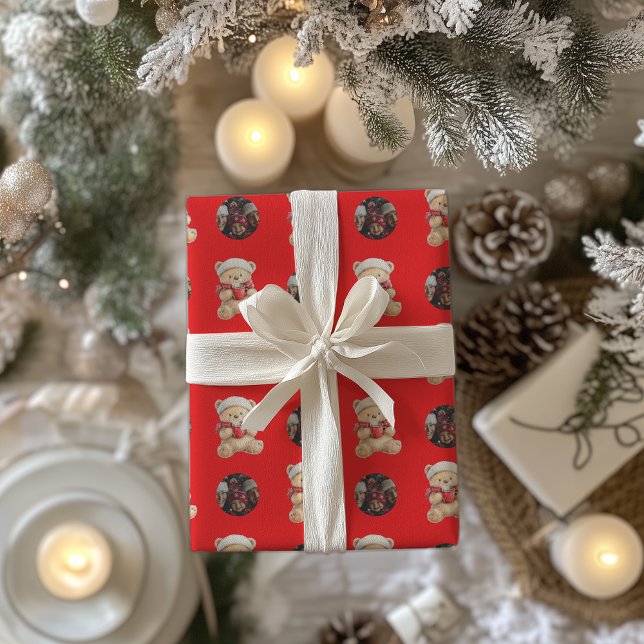 Papel De Presente Foto Personalizada Do Urso De Teddy De Natal Cozy (Criador carregado)