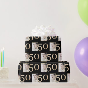 Papel De Presente Foto Personalizada Preto e Dourado Aniversário de
