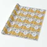 Papel De Presente Foto preta do redemoinho & do aniversário de<br><div class="desc">Este papel de papel de embrulho do aniversário de casamento dourado caracteriza uma cor damasco preta do redemoinho como o fundo,  uma listra ondulada do ouro através do centro e um quadro customizável oval da foto. O texto customizável permite que você adicione os nomes do casal.</div>