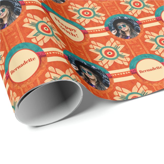 Papel De Presente Foto Sentiment Orange Ethnic Bohemian Birthday (Ponta do rolo)