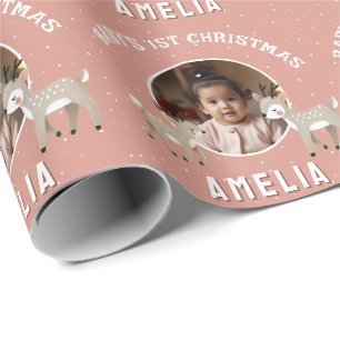 Papel De Presente Fotografia de Natal da Rena do 1º Natal do Bebê