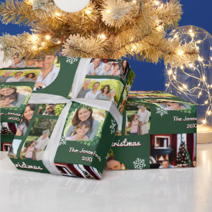 Papel De Presente Fotos da Família Feliz Natal Verde Personalizado
