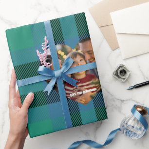Papel De Presente Fotos de Natal no Tartan Clássico Verde e Azul