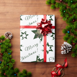 Papel De Presente Fotos Personalizadas Natal Branco Estrelas Verdes 