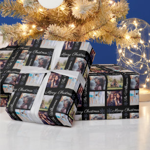 Papel De Presente Fotos Personalizadas & Nome da Família Preto Feliz