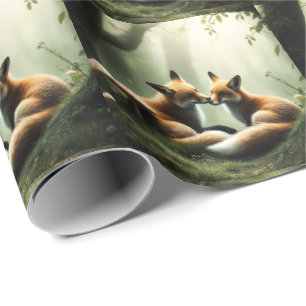 Papel De Presente Fox Cuddle in Misty Forest