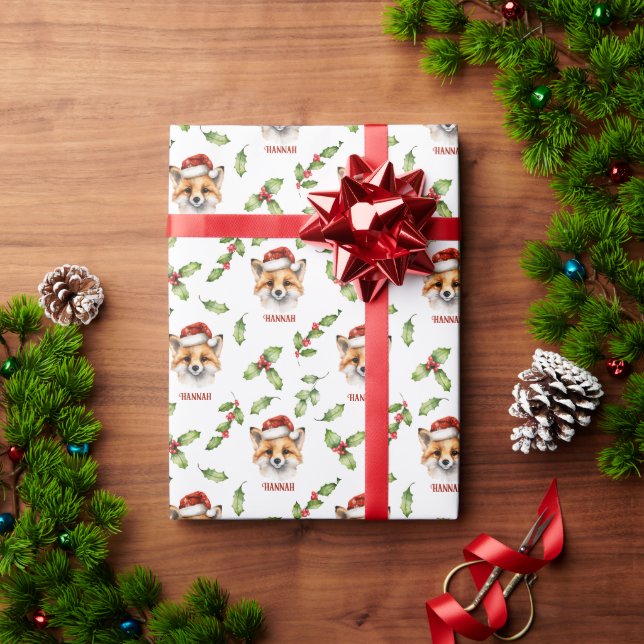 Papel De Presente Fox e Holly Personalizada Gift Wrap (Presente de Natal)
