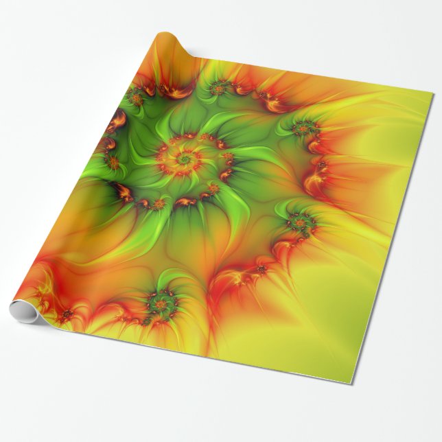 Papel De Presente Fractal cor-de-laranja verde de Verão quente (Desenrolado)