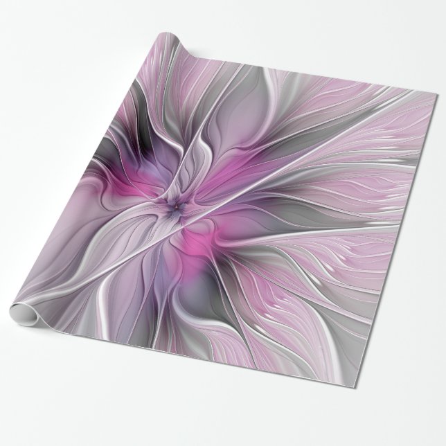 Papel De Presente Fractal Fractal Moderna Abstrato com Cinza Rosa Fl (Desenrolado)