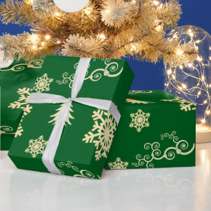Papel De Presente Fragmento de Natal Verde com Flocos de Neve Cream