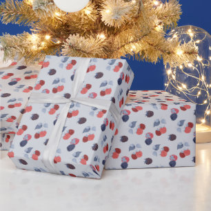 Papel De Presente Framboesas, Amoras, Folhas Sobre Azul Claro