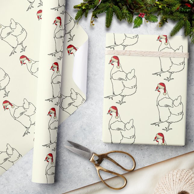 Papel De Presente Frango de Natal usando padrão de chapéu de Papai N (Christmas chicken wearing a Santa hat pattern holiday wrapping paper simple farm chicken drawing art)