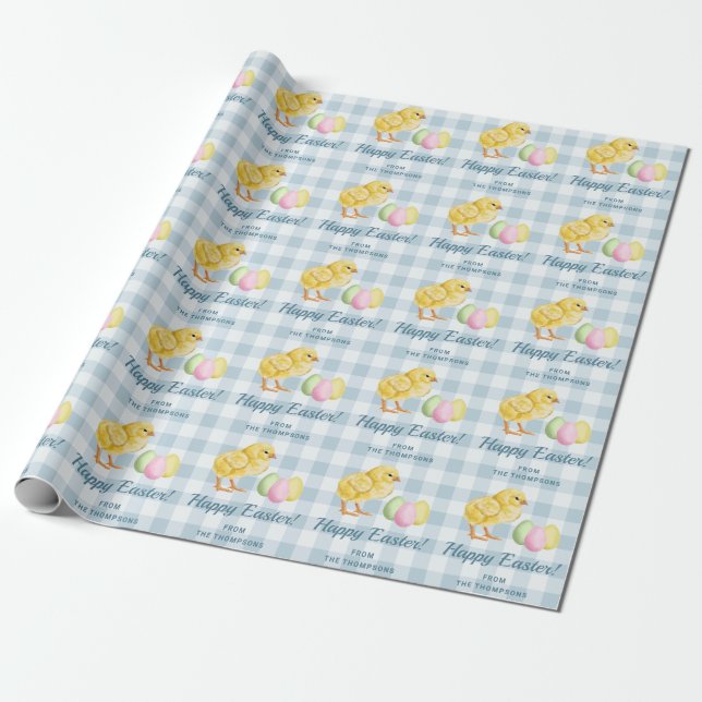 Papel De Presente Frango e Ovos Pastéis Feliz Páscoa Xadrez Azul (Desenrolado)