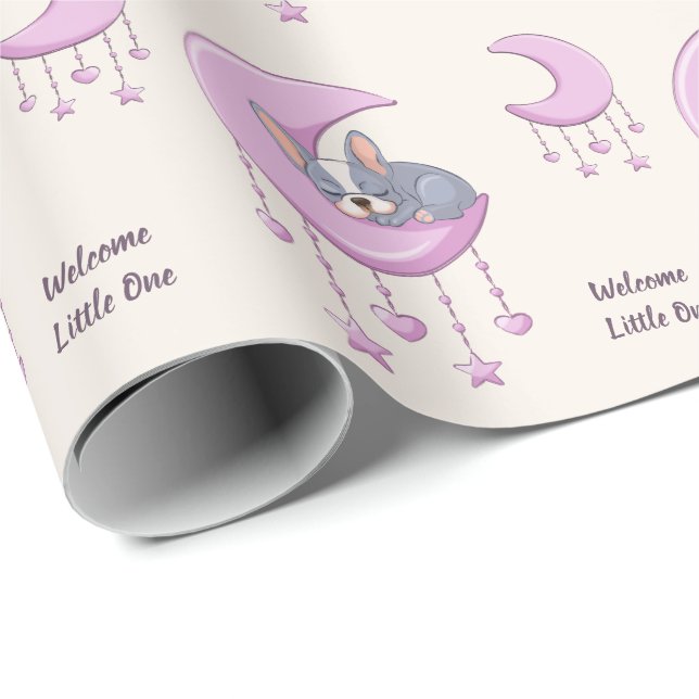 Papel De Presente French Bulldog na Lua Rosa Chá de Bebê Menina (Ponta do rolo)